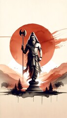 Watercolor style illustration for parshuram jayanti with a silhouette of parshuram holding an axe.