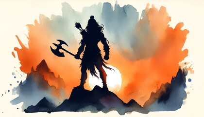 Watercolor illustration of lord parshuram silhouette with axe for parshuram jayanti celebration.
