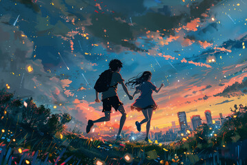 Dynamic Anime Scene Boy and Girl Running with Dramatic Lighting