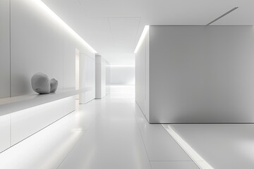 Minimalist White Room Design: Luxury Geometric Corridor in Monochromatic Light