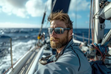 Portrait of a brutal bearded yachtsman on a yacht. The bearded captain, his presence radiating a sense of calm amidst the stormy seas.
