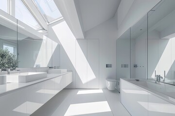 Fototapeta premium White Space: Luxe Bathroom with Clerestory Windows in Architectural Minimalism
