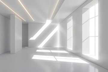 Modern White Geometric Office: 3D Rendering of Empty Space With Diagonal Rays
