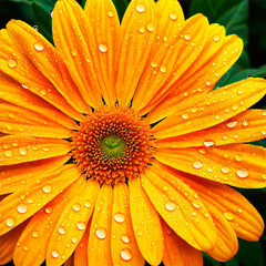 Macro illustration of an orange gerbera with dew drops on the petals.
