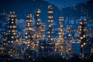 Night View of Oil Refinery and Petrochemical Tower in the Oil and Gas Industry