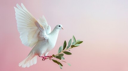 white dove or white pigeon carrying olive leaf branch on pastel background and clipping path and international day of peace