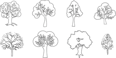 Minimal style cad tree line drawing, Side view, set of graphics trees elements outline symbol for architecture and landscape design drawing