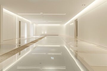 Minimalist White Interior with Reflective Floors: Serene Spa Pools and Contemporary Gallery Decoration