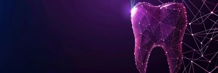 Abstract low poly digital tooth shape made of glowing dots and lines on a dark purple background,