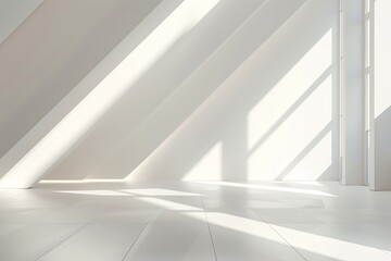 Minimalist White Room: 3D Rendering of Luxurious Geometric Loft Interior with Bright Early Morning Light