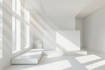 Sunlit Geometric Luxury: White Minimalist Living Room Interior Design Concept