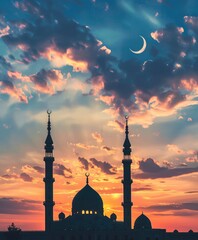 Silhouette of mosque with crescent moon and clouds at sunset, Ramadan background banner.