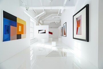 Fototapeta na wymiar Luxury Geometric Showcase: Minimalist White Room Art Museum