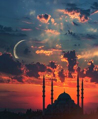 Silhouette of mosque with crescent moon and clouds at sunset, Ramadan background banner.