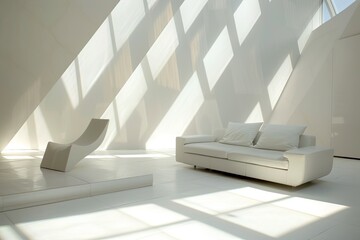 Modern White Loft: Living Room Interior with Diagonal Light Shafts