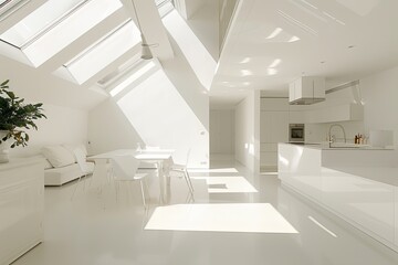 White Loft Dining Room: Modern Minimalistic Interior with Skylight