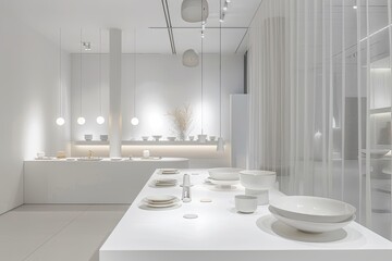 Minimalist White Room: Designer Tableware Showcase in a Contemporary Luxe Dining Area