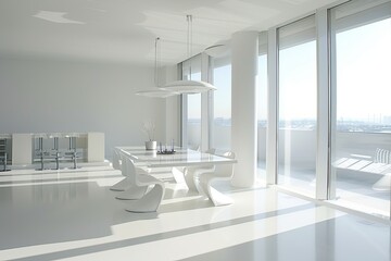 Luxury Minimalist White Interior Design with Panoramic Windows in Modern Loft Concept