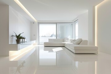 Minimalist White Interior: Reflective Floors in Contemporary Living Space