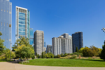 Sunny exterior view of the downtown cityscape