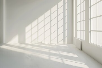 Obraz premium Minimalist Loft Living Room: Bright White Space with Natural Light Patterns