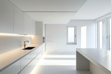 Contemporary Minimalism: White Kitchen Interior with Under-Counter Lighting