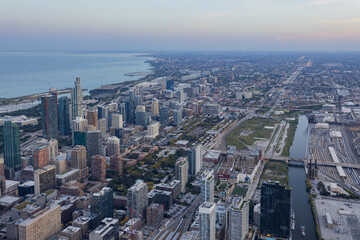 Sunset aerial view of the downtown landscape from the Willis Tower