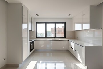 Modern White and Grey Toned Kitchen with Minimalist Space Design View from Window