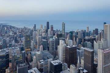 Sunset aerial view of the downtown landscape from the Willis Tower