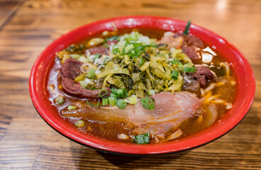 Close up shot of beef noodle