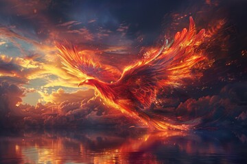 A Phoenix bird is flying over a body of water, with the sky in the background