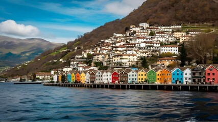 a town built on the side of a mountain, with colorful houses along the lake. The town is situated in valley, with the green mountains surrounding it. - Powered by Adobe