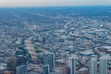Sunset aerial view of the downtown landscape from the Willis Tower