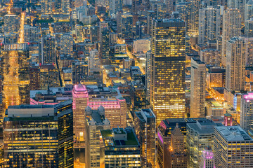 Sunset aerial view of the downtown landscape from the Willis Tower