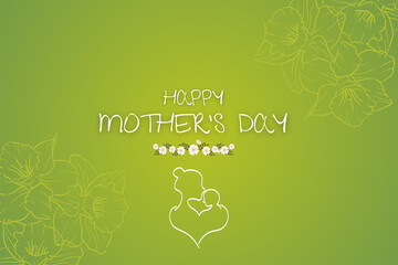 Mother's Day postcard. Happy Mother's Day vector greeting cards on a green background.  Continuous one-line drawing. The two hold her baby—abstract mother with a child in continuous one-line drawing.