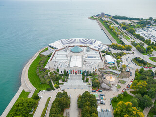 Sunny aerial view of the Shedd Aquarium and downtown cityscape