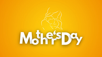 Mother's Day postcard. Happy Mother's Day vector greeting cards on a yellow background.  Continuous one-line drawing. The two hold her baby—abstract mother with a child in continuous one-line drawing.