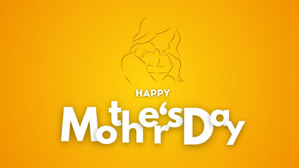 Mother's Day postcard. Happy Mother's Day vector greeting cards on a yellow background.  Continuous one-line drawing. The two hold her baby—abstract mother with a child in continuous one-line drawing.