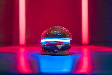A burger that glimmers with a spectral light, illuminated by cyan, red, and blue neon. The burger...