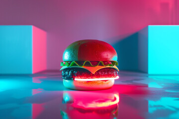 A burger that looks as if it's the subject of a modern portrait, with neon lights in cyan, red, and...