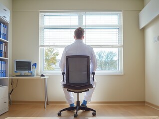 A man in a white lab coat sits in a chair in front of a window. He is looking out the window, possibly daydreaming or waiting for something. The room has a clean and organized appearance, with a desk