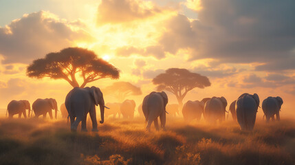 Fototapeta premium Majestic herd of elephants AI generation
