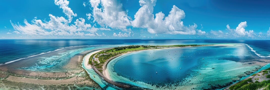 Panoramic Aerial View of Island and Lagoon with Stunning Blue Ocean