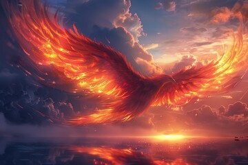A Phoenix bird is flying over a calm body of water