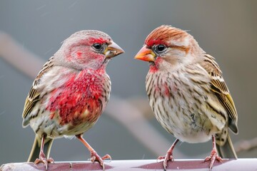 Beautiful House Finch Pair in Nature - Male and Female Birds with Colorful Feathers and Beak