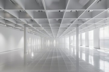 Minimalist White Interior: Reflective Floors in Contemporary Art Gallery