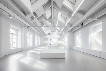 Minimalist Bright White Space: Geometric Design Showcase in Clean Exhibition Room