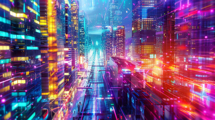 Obraz premium Vibrant neon-lit city with a futuristic skyline under a night sky