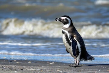 Fototapeta premium Male and Female Magellanic Penguins Walking on Argentinian Beach - Natural Wildlife and Beauty