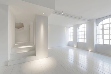 Minimalistic Light: Contemporary White Entry Hall with Dramatic Spotlighting and Elegant Architecture